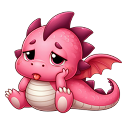 En lille, sød rosa drage med store øjne og en trist mine, der sidder på jorden.