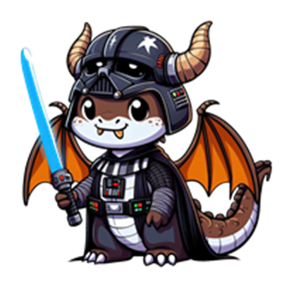 En charmerende drage iført en sort kappe og hjelm, der holder et lysværd.