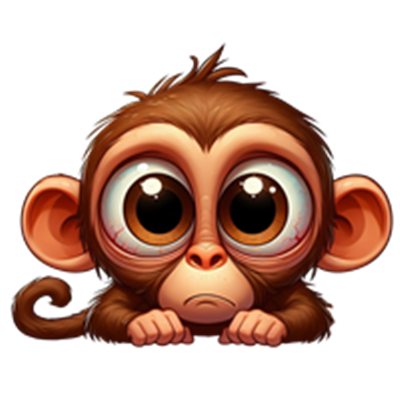 Et nuttet, cartoon-lignende ansigt af en abe med store øjne og en trist mine.