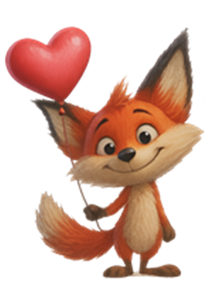 En sød, animeret ræv holder en rød hjerteformet ballon og smiler.