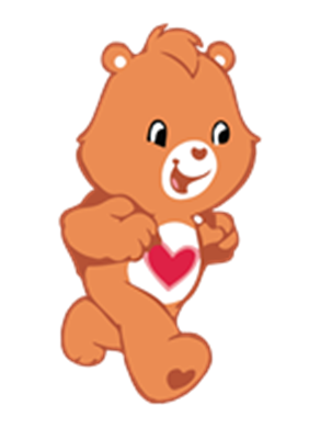 En sød orange bamse med et hjerte på maven, der løber glad.