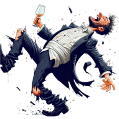 En humoristisk illustration af en mand i smoking, der fejrer med et glas i hånden.