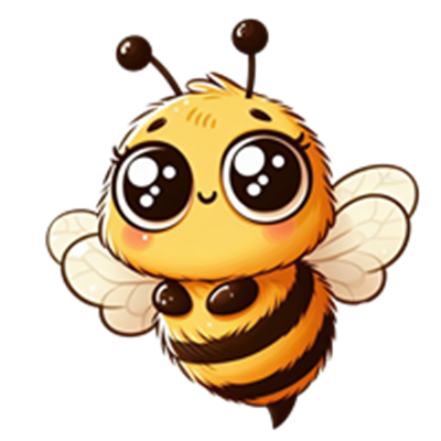 En farverig, tegnet bi med et venligt udtryk og store, glade øjne.