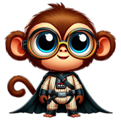 En sød abe iført en superheltekostume med briller og kappe.