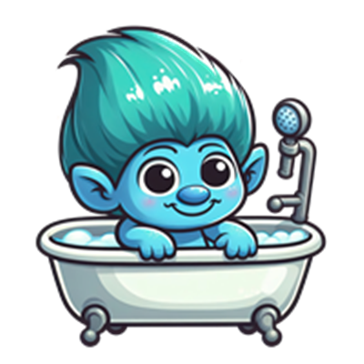 En tegneserieagtig figur med blå hud og grønt hår, der leger i et badekar.