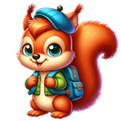 Et farverigt og nuttet egern iført en blå hat og en rygsæk, klar til eventyr.