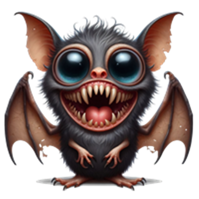 En tegnet flagermus med store, udtryksfulde øjne og en glad attitude.