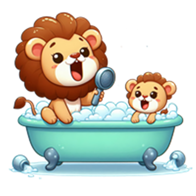 To søde, cartoon-løver, der leger i et badekar fyldt med skum.