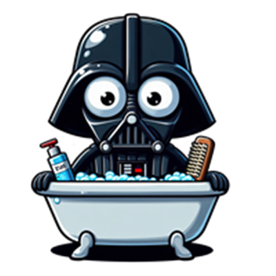 En sjov og tegneserieagtig version af Darth Vader, der slapper af i et badekar med sæbe og plejeprodukter.