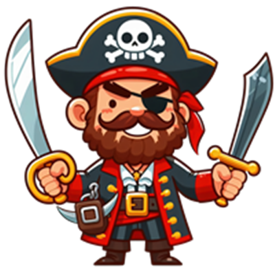 En tegneserieagtig pirat med skæg, øjenklap og to sværd, klar til eventyr.
