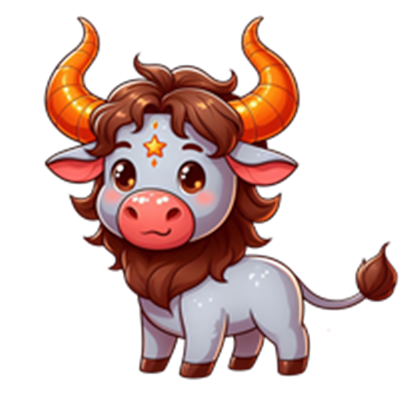 En farverig og nuttet okse med store horn og krøllet pels, i en tegneserieagtig stil.