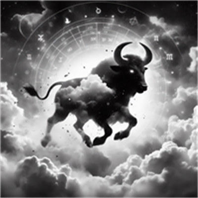 Et dramatisk billede af en tyr, der springer gennem skyerne med astrologiske symboler i baggrunden.