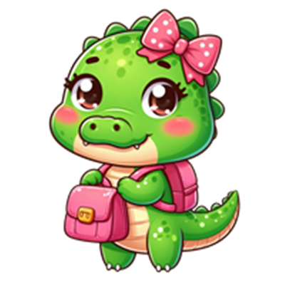 En charmerende grøn dragepige med en lyserød sløjfe og en rygsæk, der smiler.