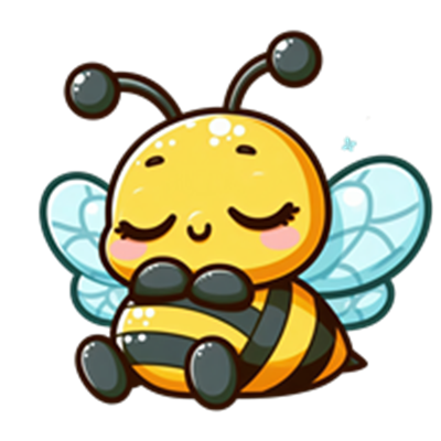 En sød, cartoon-lignende bi med lukkede øjne, der ser afslappet ud.