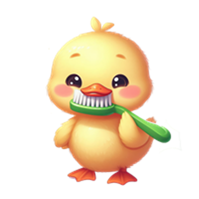 En glad, gul kylling holder en tandbørste og smiler.