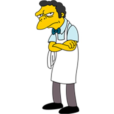 En karakter fra animerede serien The Simpsons, Moe Szyslak, står med armene over kors.