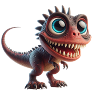 En sød og farverig dinosaurfigur med store øjne og et stort smil, der ser venlig ud.
