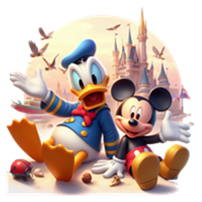 Mickey Mouse og Donald Duck sidder sammen foran et slot, omgivet af en magisk atmosfære.