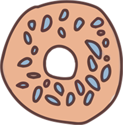 En farverig illustration af en donut med sesamfrø på toppen.
