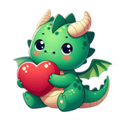 En sød, lille grøn drage holder et rødt hjerte og ser venlig ud.