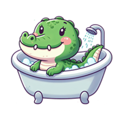 En sød, tegneserieagtig krokodille, der nyder et bad i et badekar med bobler.