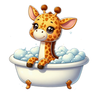 En sød, tegnet giraf sidder i et badekar fyldt med skum.
