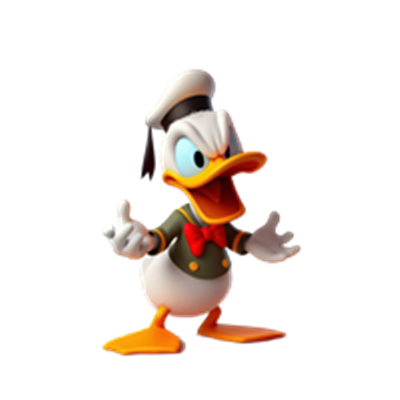 En farverig animeret and i en uniform, der ser glad og livlig ud.