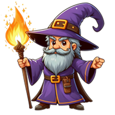 En karakterfuld troldmand iført en lilla kappe, der holder en ildfakkel.