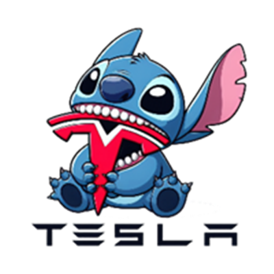 Et tegneserieagtigt billede af en karakter, der holder et Tesla-logo.