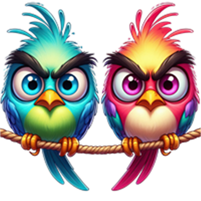 To farverige fugle sidder på en snor med vrede ansigtstræk.