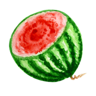 En akvarelillustration af en halveret vandmelon med rød frugt og grøn skal.