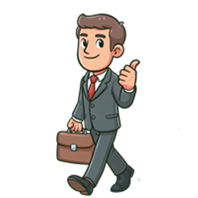 En tegnet mand i jakkesæt, der går med en aktetaske og giver tommelfinger op.