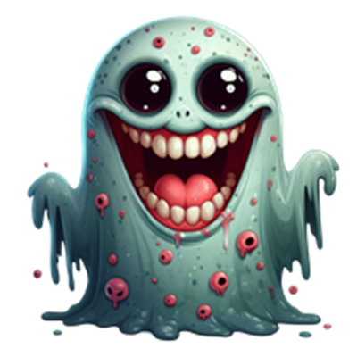 Et farverigt og venligt spøgelse med store øjne og et stort smil, omgivet af små detaljer.