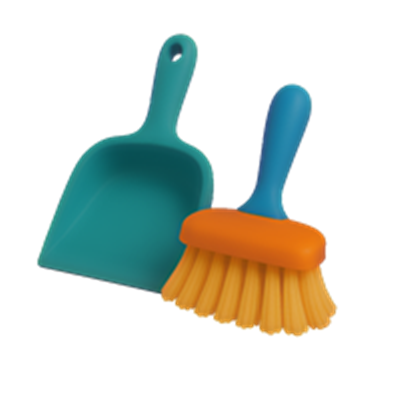 Et sæt bestående af en skovl og en børste i lyse farver, ideelt til rengøring.