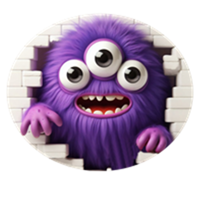 Et sjovt lilla monster med tre øjne og en stor smilende mund, der kigger ud fra en mur.