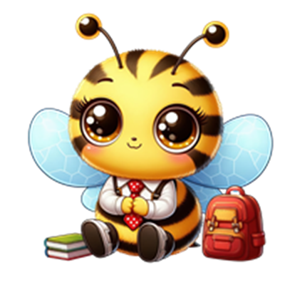 En sød, cartoonagtig bi iført en skjorte og slips, sidder med bøger og en rygsæk.