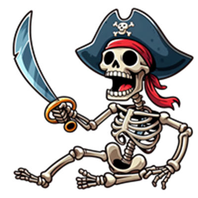 En farverig illustration af et skeletklædt pirat med sværd og pirathat.