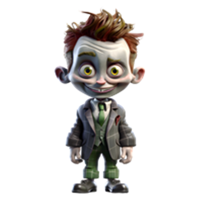 En farverig og skræmmende tegneseriefigur med en skæv smil og unikt tøj.