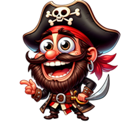 En farverig og humoristisk pirat med skæg, hat og sabel, der smiler og peger.