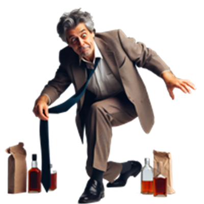 En mand i jakkesæt ser nervøs ud, mens han står ved flasker og poser.