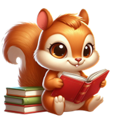 Et sødt egern sidder med en bog i hånden, omgivet af bøger, og ser nysgerrigt ud.