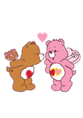 To søde bamser, en brun og en lyserød, udveksler kærlige gestusser med hjerter.