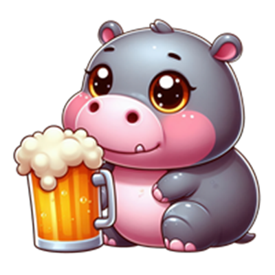 En tegneserieagtig flodhest med store øjne, der holder en ølkrus.