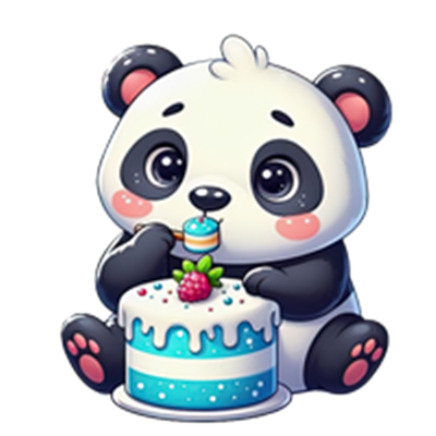 En nuttet panda sidder og spiser en farverig fødselsdagskage med glasur.