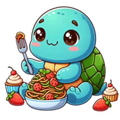 En sød, tegneserieagtig skildpadde, der nyder en skål pasta med dessert ved siden af.