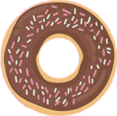 En illustration af en donut med chokoladeglasur og pastelfarvede drys.