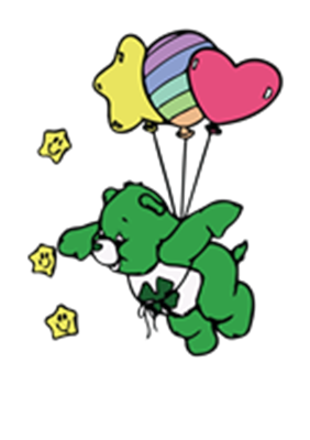 En farverig grøn bamse svæver opad med tre balloner og stjerner omkring.