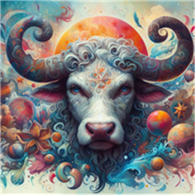 Et fantasifuldt billede af en vædder med detaljerede horn, omgivet af farverige himmellegemer og mønstre.