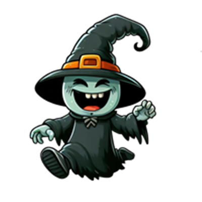 En glad, tegnet heks med sort kappe og stor hat, der ser ud til at danse.