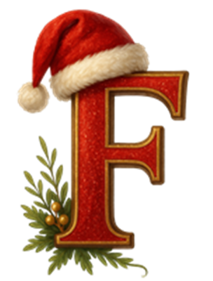 Et stort, glitrende bogstav F iført en rød julehat og dekoreret med grønne grene.